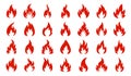 Fire icons. Set of bright burning flame and bonfire icons. Burn sign collection. Vector illustration Royalty Free Stock Photo