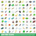 100 fire icons set, isometric 3d style Royalty Free Stock Photo