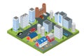 Fire in isometric town concept, vector illustration. House building in flame, flat firefighting emergency car go to