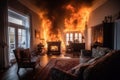 Fire, large flames in the living room with a fireplace. Royalty Free Stock Photo