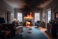 Fire, large flames in the living room with a fireplace. Royalty Free Stock Photo