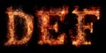 Fire letters DEF font alphabet made of burning letters on black background