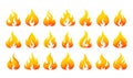 Fire logo. Colorful red and orange burning flame. Hot temperature and flammable warning. Blaze elements. Ignition and