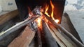 Fire on logs in fire pot with embers and burning coal and blazing flames