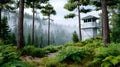 Fire lookout tower standing in misty pine forest Royalty Free Stock Photo