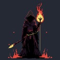 Fire mage vector illustration. Dark wizard. Fairytale sorcerer casting and firing a spell