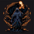 Fire mage vector illustration. Dark wizard. Fairytale sorcerer casting and firing a spell