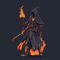 Fire mage vector illustration. Dark wizard. Fairytale sorcerer casting and firing a spell