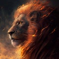 Fire-maned lion, fantasy animal, unusual creative magical magic illustration on black