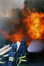 Fire men in action burning building Royalty Free Stock Photo