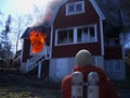 Fire men in action, house burning Royalty Free Stock Photo