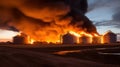 Fire at Modern Granary elevator. Silver silos on agro-processing and manufacturing plant for processing drying cleaning