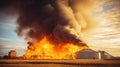 Fire at Modern Granary elevator. Silver silos on agro-processing and manufacturing plant for processing drying cleaning