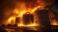 Fire at Modern Granary elevator. Silver silos on agro-processing and manufacturing plant for processing drying cleaning