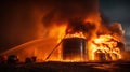 Fire at Modern Granary elevator. Silver silos on agro-processing and manufacturing plant for processing drying cleaning