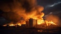 Fire at Modern Granary elevator. Silver silos on agro-processing and manufacturing plant for processing drying cleaning