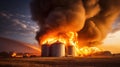 Fire at Modern Granary elevator. Silver silos on agro-processing and manufacturing plant for processing drying cleaning