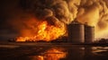 Fire at Modern Granary elevator. Silver silos on agro-processing and manufacturing plant for processing drying cleaning