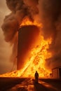 Fire at Modern Granary elevator. Silver silos on agro-processing and manufacturing plant for processing drying cleaning