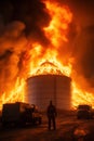 Fire at Modern Granary elevator. Silver silos on agro-processing and manufacturing plant for processing drying cleaning