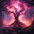 fire in the night, background with fire, background with tree, background, A massive tree with a mysterious pink fire, love tree