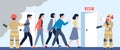 Fire and panic in office. Emergency workplace situation, firemen avacuated managers for safety life. People running to Royalty Free Stock Photo