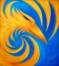 Fire phoenix on blue background, original oil painting, phoenix Royalty Free Stock Photo