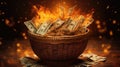 Fire Pile Of Dollars In A Basket Illuminating The Value Of Money. Generative AI