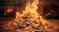 Fire Pile Of Dollars In A Symbolic Scene Of Money Burning Away Into Oblivion. Generative AI