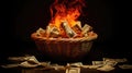 Fire Pile Of Euros In A Basket Representing The Burning Desire For European Economic. Generative AI