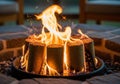 Fire pit with a circular arrangement of cylindrical fire logs, crafted Royalty Free Stock Photo