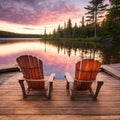 Fire Pit Flames Glowing on a Cottage Dock at Sunset with Sunlight Reflected on the Tranquil Water Royalty Free Stock Photo