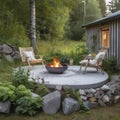 Fire pit in the garden near a small house near the forest.Image generated by AI Royalty Free Stock Photo