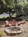 Fire Pit with Outdoor Furniture under Oak Trees with Bocce Ball Court