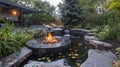 The fire pit is surrounded by a serene water feature combining the elements of fire and water in a tranquil and stunning Royalty Free Stock Photo