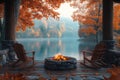 A fire pit is surrounded by two wooden chairs and a bench Royalty Free Stock Photo