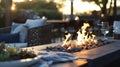 A fire pit table provides a dualpurpose feature in the modern backyard offering a cozy fire for cooler nights and a