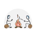 Fire place. Forest camp. Frying marshmallow picnic on flame. Hand drawn. Stickman cartoon. Doodle sketch, Vector graphic Royalty Free Stock Photo