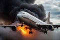 Fire on the plane. An airliner engulfed in flames and emitting thick black smoke, posing a serious threat to the safety