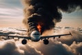 Fire on the plane. An airliner engulfed in flames and emitting thick black smoke, posing a serious threat to the safety