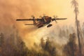 A fire plane pouring water to put out a forest on fire. Generative AI Royalty Free Stock Photo