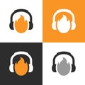 Fire podcast logo template, headset and flame icon, burning headphone symbol