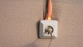 Fire in the power outlet. Old faulty wiring. The occurrence of a fire in the apartment. Old faulty wiring caught fire from a short