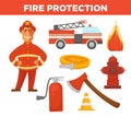 Fire protection and extinguishing equipment tools icons.