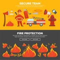 Fire protection and firefighter team of fire security instruction web banners flat design template