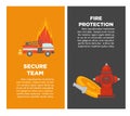 Fire protection or firefighting secure team vector poster of firefighter extinguishing equipment