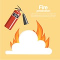 Fire protection poster vector illustration. Cartoon fire extinguisher with steam and flame, firefighter tool. Fire