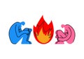 Fire in relationships icon sign. Lovers\' quarrel symbol. Two people are sitting with their faces turned away. Pain and