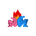 Fire in relationships icon sign. Lovers\' quarrel symbol. Two people are sitting with their faces turned away. Pain and