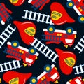 Fire Rescue with red helmet and truck seamless pattern